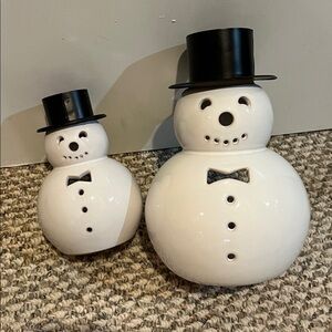 Ceramic Snowman Candle Holders with Black Hats